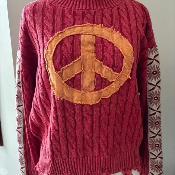 washed peace patch cable knit sweater - Picture 5 of 7